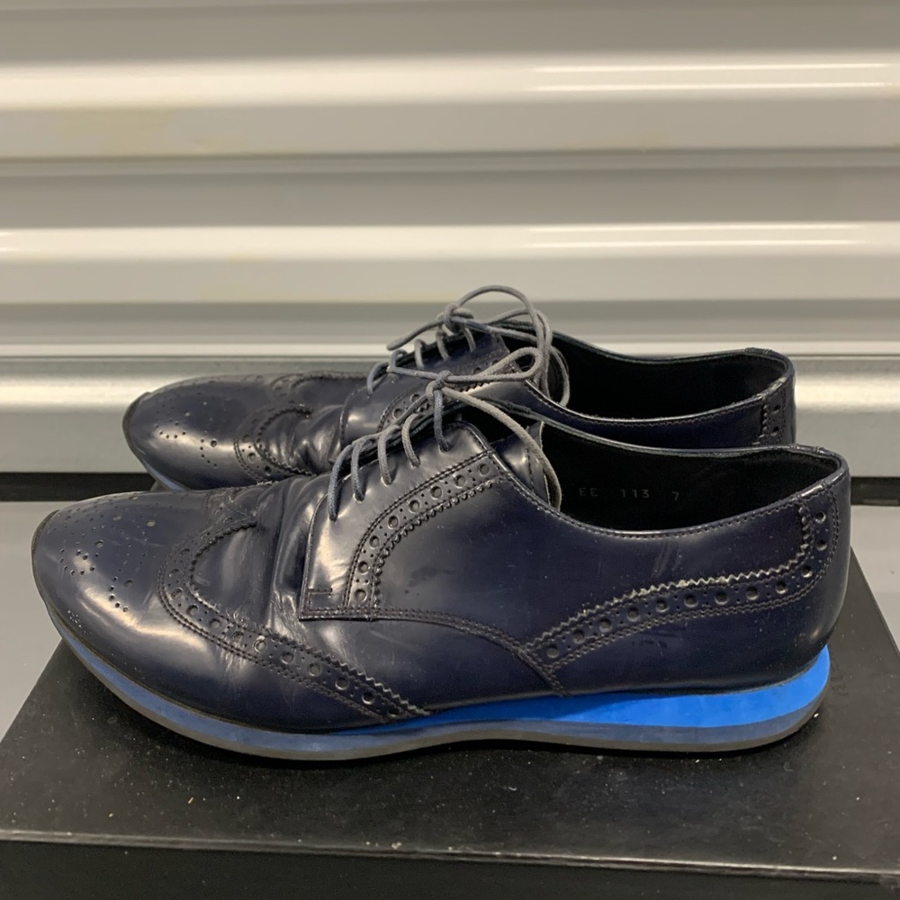 Prada Navy Leather Brogue Oxfords with Blue Accent Sole